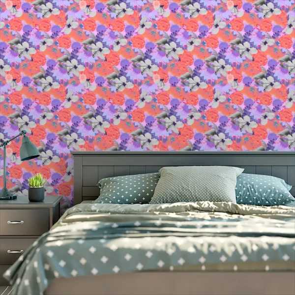 Papel De Parede Adesivo Floral Lilas Cinza Laranja Sala 3m