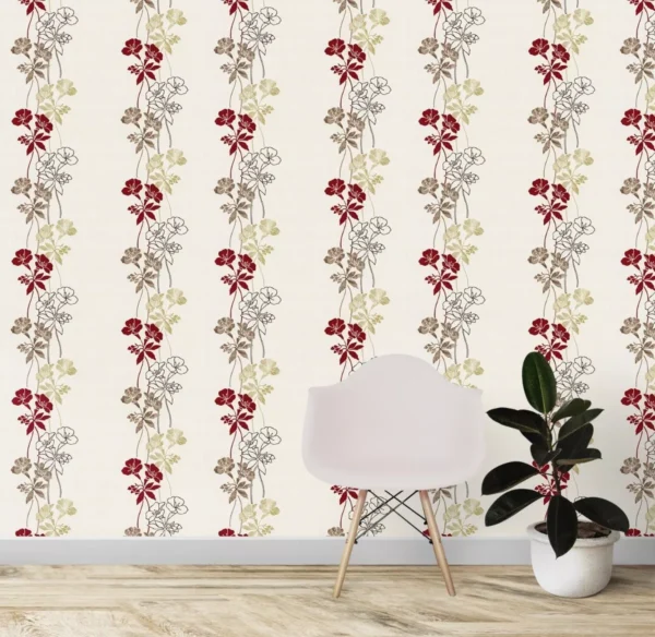 Papel De Parede Adesivo Floral Marrom Detalhes Vermelho