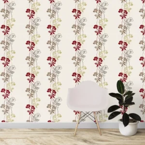 Papel De Parede Adesivo Floral Marrom Detalhes Vermelho Bege