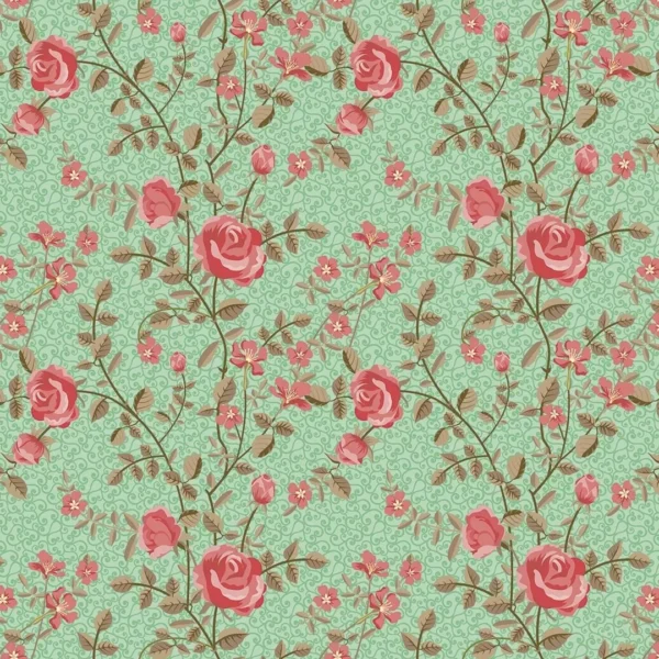 Papel De Parede Adesivo Floral Rosa Arabesco Fundo Verde