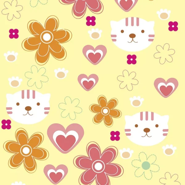 Papel De Parede Adesivo Flores, Gatinho, Coração E Amarelo