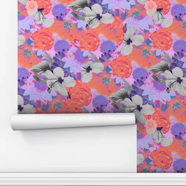 Papel De Parede Adesivo Flores Lilas Laranja Sala Floral 10m