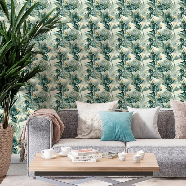 Papel De Parede Adesivo Folhas Com Sala Amarelas Flores 10m