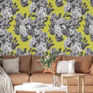 Papel De Parede Adesivo Fundo Amarelo Flor Branco Preto 5m