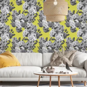 Papel De Parede Adesivo Fundo Branco Preto Amarelo Flor 10m