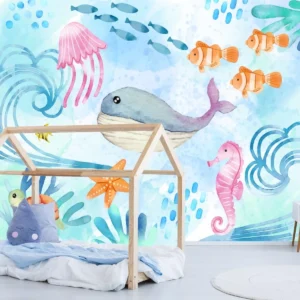 Papel De Parede Adesivo Fundo Do Mar Aquarela Infantil M²