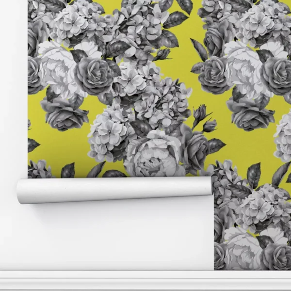 Papel De Parede Adesivo Fundo Flor Preto Branco Amarelo 2,5m