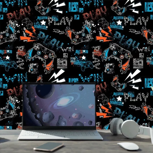 Papel De Parede Adesivo Gamer Fundo Preto Com Laranja E Azul