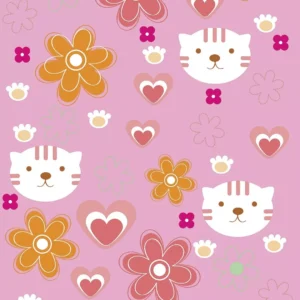 Papel De Parede Adesivo Gatinho, Coração, Flores Rosa