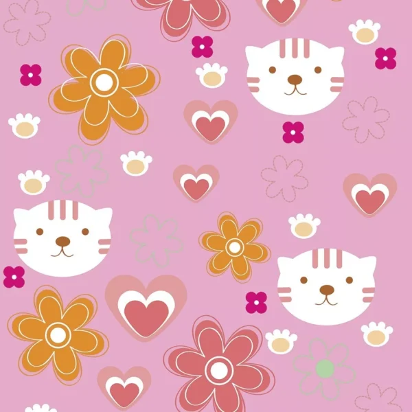 Papel De Parede Adesivo Gatinho, Coração, Flores Rosa