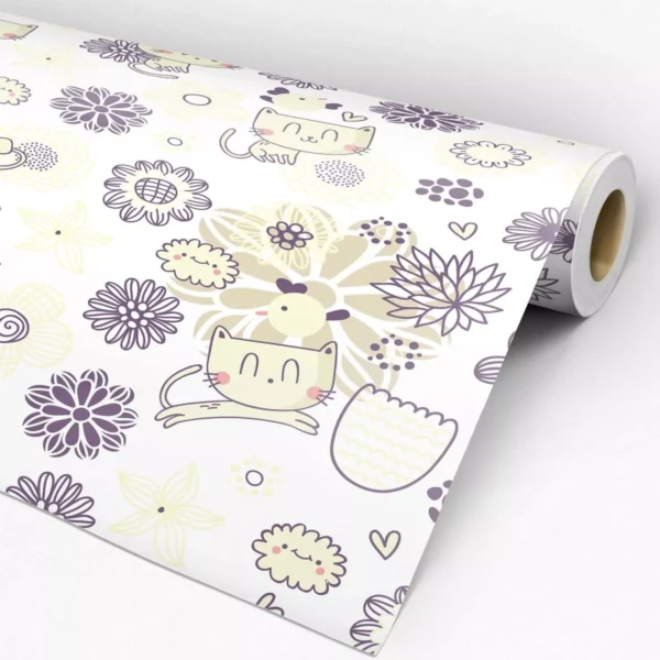 Papel De Parede Adesivo Gatinhos Roxo E Amarelo