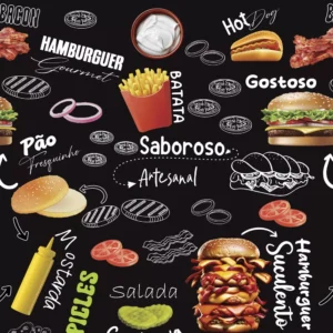 Papel De Parede Adesivo Hamburguer Fritas Lanches Cozinha 3m