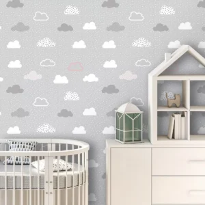 Papel De Parede Adesivo Infantil Bebê Nuvens Cinza