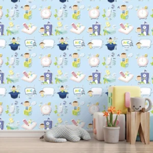 Papel De Parede Adesivo Infantil Desenhos Escolares Azul 3m