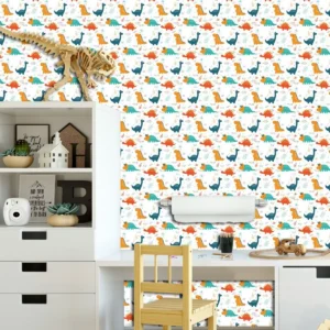 Papel De Parede Adesivo Infantil Dinossauro Azul Laranja