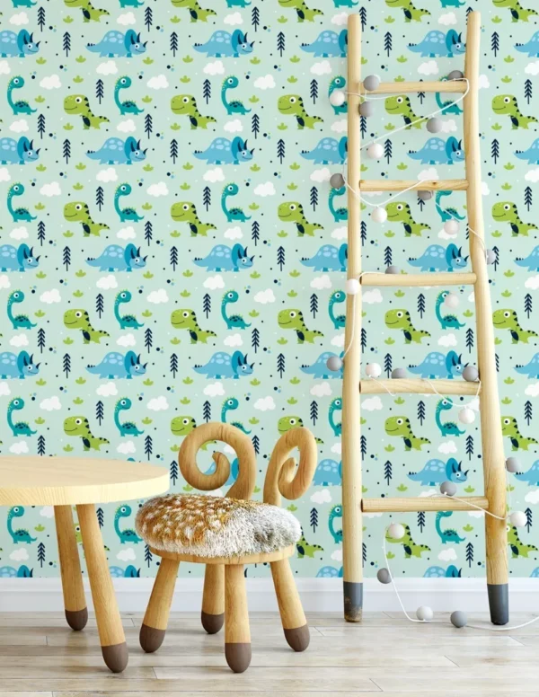 Papel De Parede Adesivo Infantil Dinossauros Verde E Azul