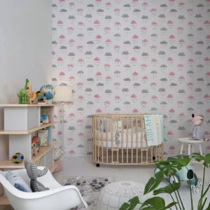 Papel De Parede Adesivo Infantil Nuvem Cinza Rosa Lavável 3m