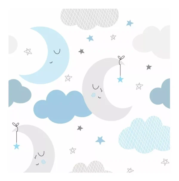 Papel De Parede Adesivo Infantil Nuvens Com Lua Azul - 10m