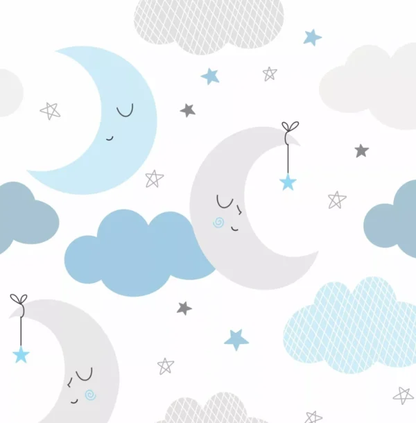 Papel De Parede Adesivo Infantil Nuvens Com Lua Azul - If112