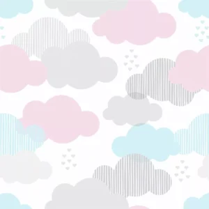 Papel De Parede Adesivo Infantil Nuvens Rosa, Cinza E Azul