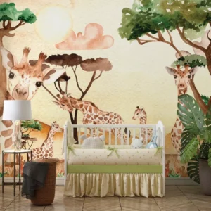 Papel De Parede Adesivo Infantil Safari Família De Girafa M²