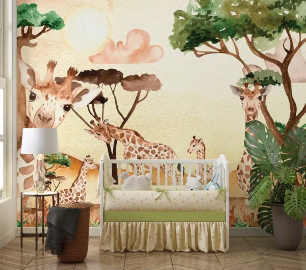 Papel De Parede Adesivo Infantil Safari Família De Girafa M²