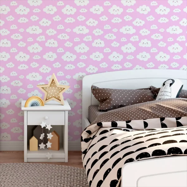 Papel De Parede Adesivo Kid Cute Lavável Nuvem Bebê Rosa 3m