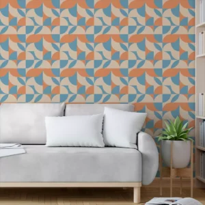 Papel De Parede Adesivo Laranja Formas Abstrato Bege Azul 3m