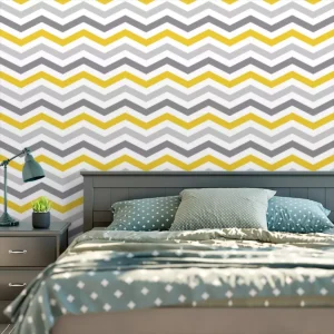 Papel De Parede Adesivo Listras Amarelo Cinza Chevron 2m