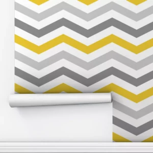 Papel De Parede Adesivo Listras Cinza Chevron Amarelo 10m