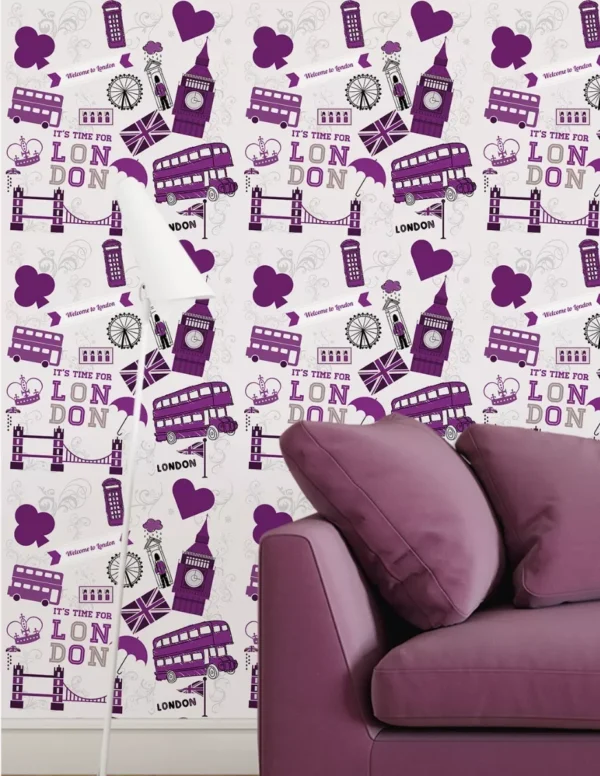 Papel De Parede Adesivo Londres Em Tons De Roxo E Cinza 3,0m