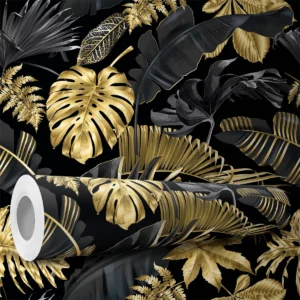 Papel De Parede Adesivo Natureza Preto Gold Sala Folhas 12m