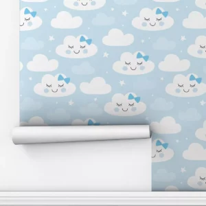 Papel De Parede Adesivo Nuvem Bebê Lavável Azul Feliz 2,5m