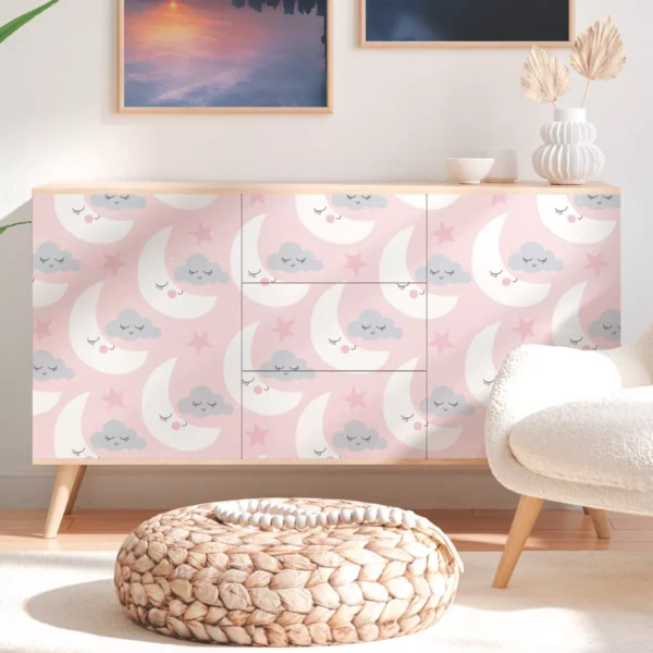 Papel De Parede Adesivo Nuvem Quarto Lua Rosa 5m