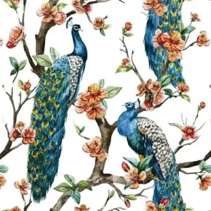 Papel De Parede Adesivo Pavão Flores Galho Pássaro Colorido