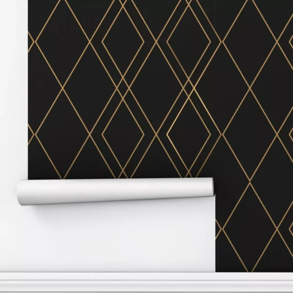 Papel De Parede Adesivo Preto Losango Luxo Dourado 5m