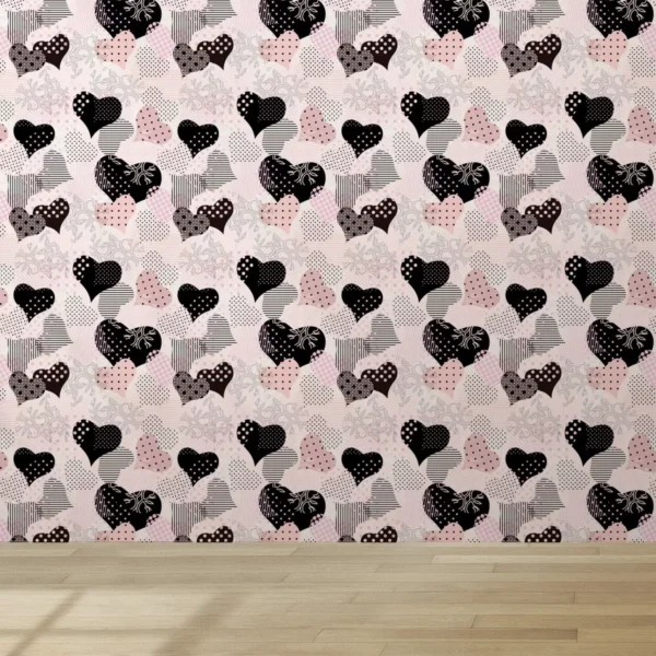 Papel De Parede Adesivo Quarto Coração Rosa Preto Teen 1m