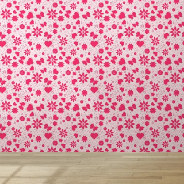 Papel De Parede Adesivo Quarto Menina Coração Flor Rosa 5m