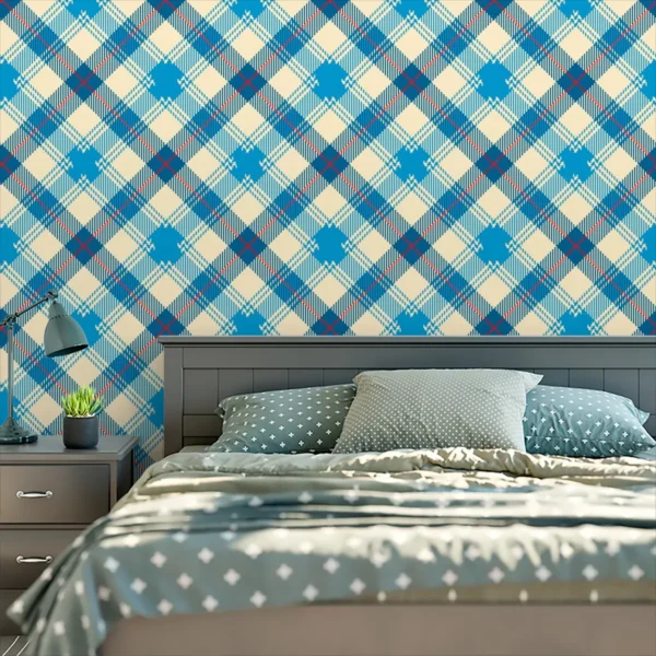 Papel De Parede Adesivo Quarto Xadrez Linhas Azul 2m