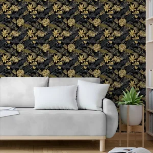 Papel De Parede Adesivo Sala Preto Folhas Natureza Gold 10m