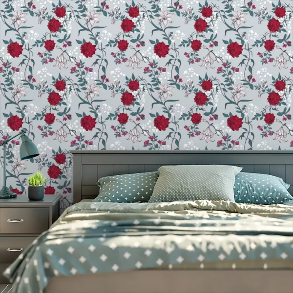 Papel De Parede Adesivo Vermelha Lavável Sala Rosas 3,5m