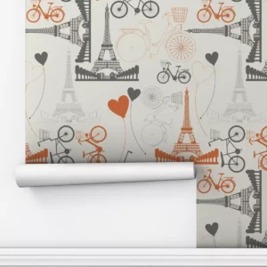 Papel De Parede Adesivo Vintage Bege Paris Sala Bicicleta 5m