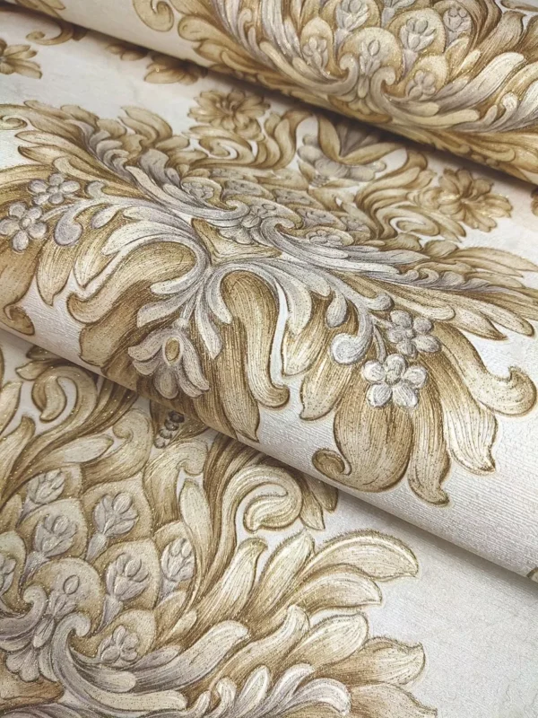 Papel De Parede Alto Relevo Arabescos Dourado Com Glitter