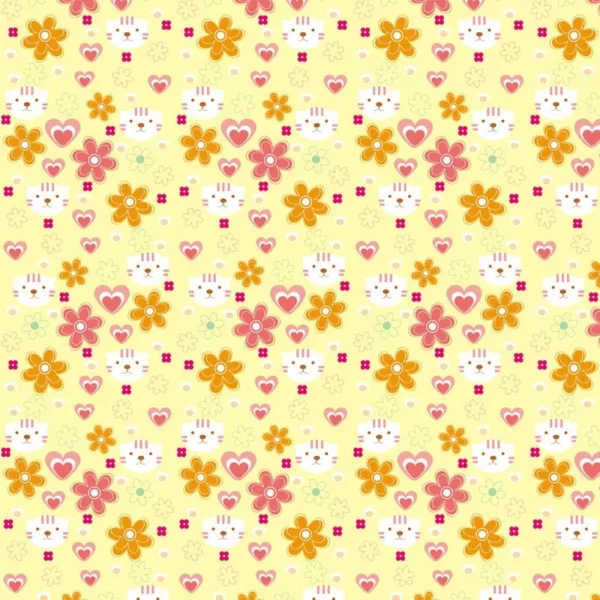 Papel De Parede Amarelo Flores Gatinha E Corações Decorativo