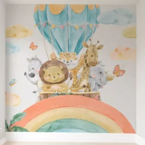 Papel De Parede Animais Safári Balão Para Quarto De Bebê M²