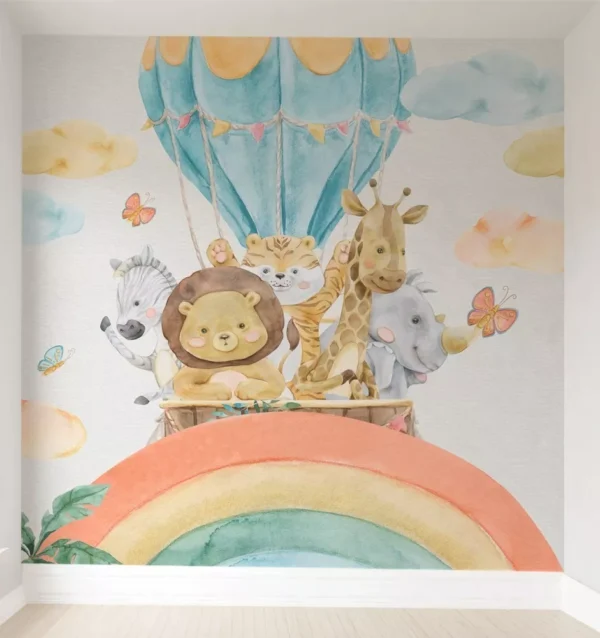 Papel De Parede Animais Safári Balão Para Quarto De Bebê M²