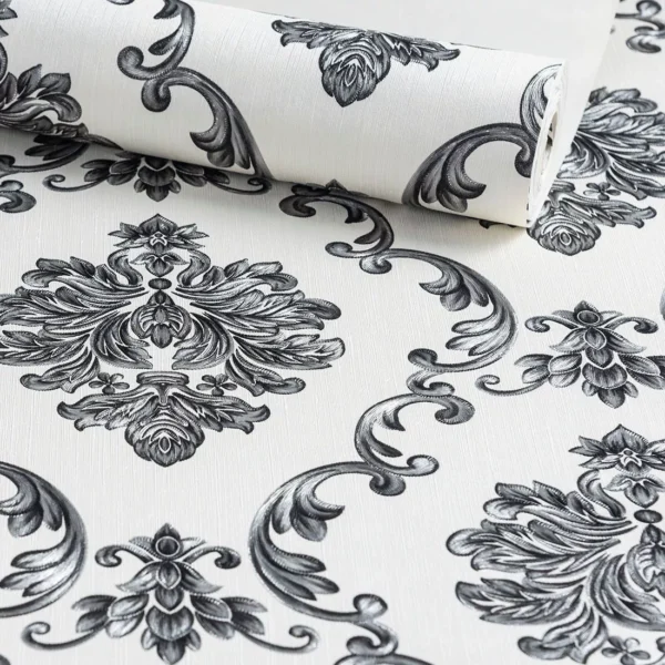 Papel De Parede Arabesco Branco E Preto Importado Damask