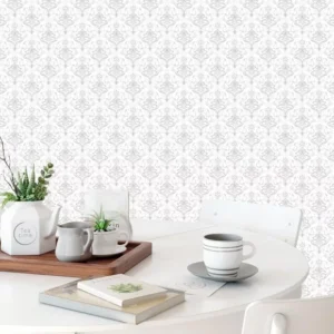 Papel De Parede Arabesco Cinza Fundo Branco Lavável Ar 76