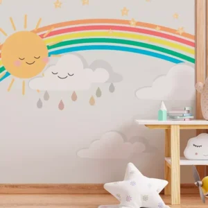 Papel De Parede Arco Íris Sol Nuvem Cinza Quarto De Bebê M²