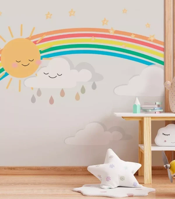 Papel De Parede Arco Íris Sol Nuvem Cinza Quarto De Bebê M²